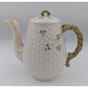 Vintage Belleek Coffee Pot Irish Shamrock Basket Weave Ireland (1955-1965 mark)